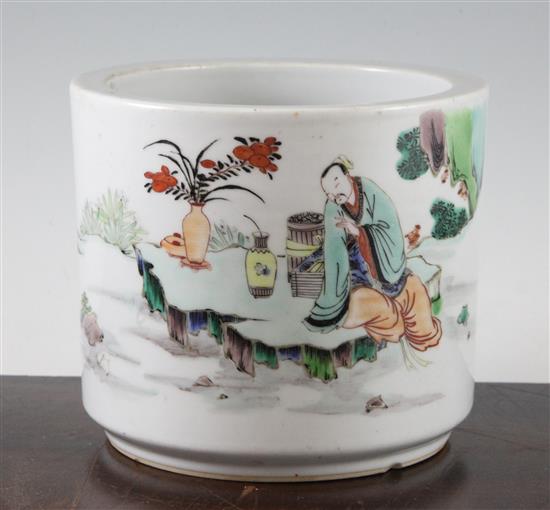 A Chinese famille verte brush pot, probably late 19th century, 14.2cm.